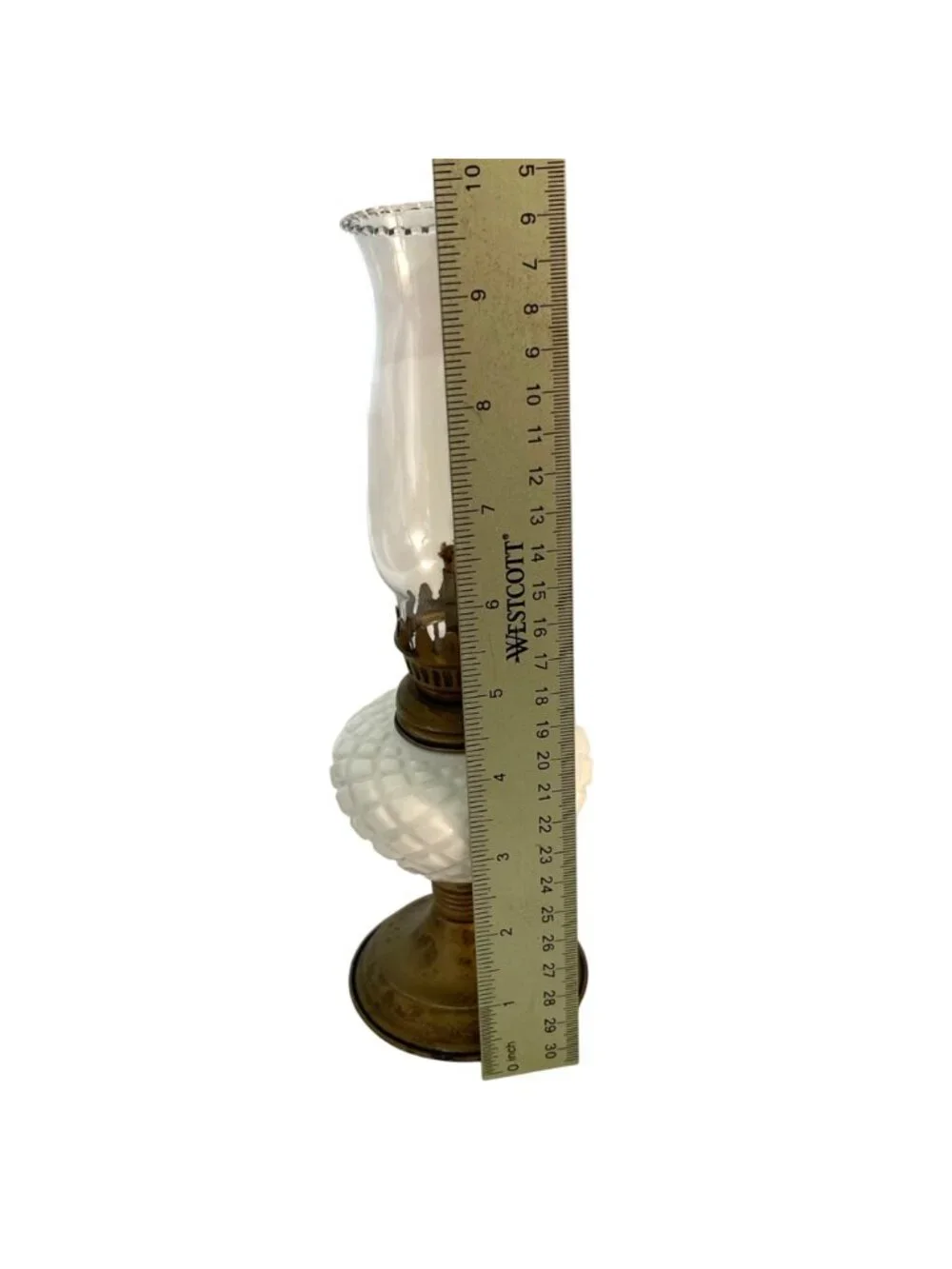 Vintage Mini Milk Glass Oil Lamp Diamond Pattern Base Ruffled Chimney 9.75